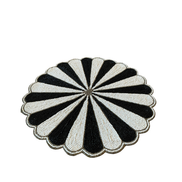 Tiramisu Beaded Placemat Charger 15in Black & White Candy Stripe NEW - Picture 2 of 10